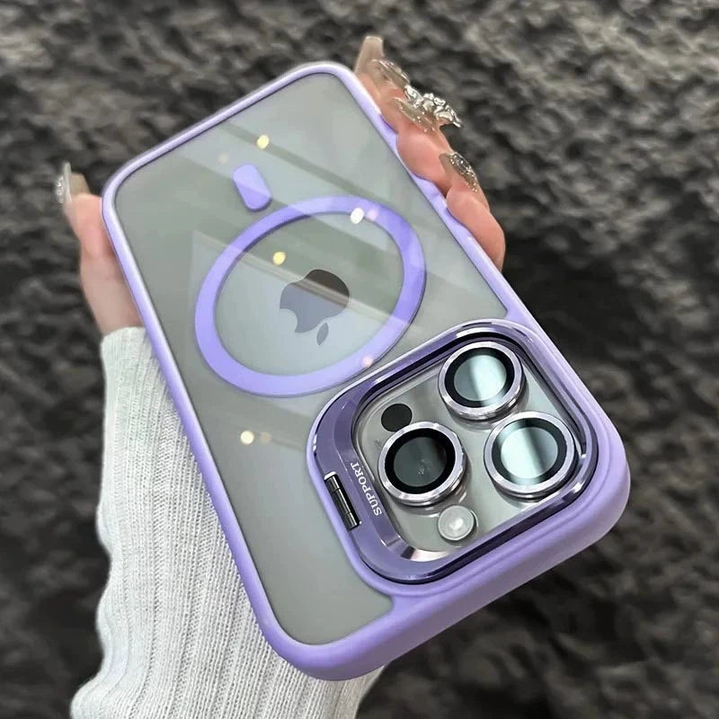 A purple MagSafe compatible phone case with a built-in camera bracket and lens cover is held by a hand.