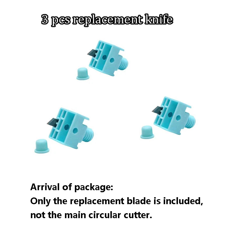 Three replacement knife blades for a 360° adjustable circle cutting tool are shown.