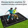 A portable coaching tablet displaying a soccer field layout on a green grass surface with two people playing.