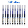 A set of ten blue precision gel pens displayed in a row.