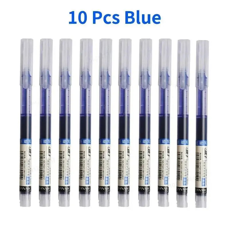 A set of ten blue precision gel pens displayed in a row.