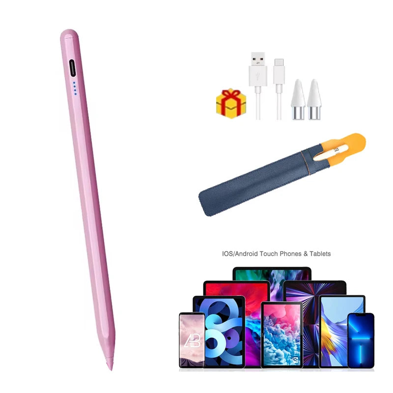 Rosa universeller kapazitiver Stift neben verschiedenen elektronischen Geräten und Zubehör.