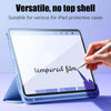 A hand is applying a tempered film screen protector to a blue iPad, demonstrating its versatility for various protective case