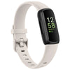 A white silicone replacement strap for a Fitbit Inspire series watch with a black display showing 12:58 and a date of Wednesd