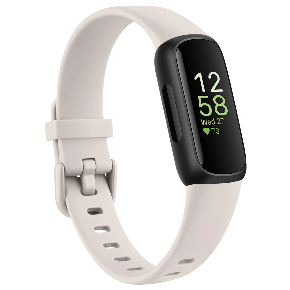 A white silicone replacement strap for a Fitbit Inspire series watch with a black display showing 12:58 and a date of Wednesd