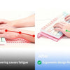 Before and after comparison showing the ergonomic design of an acrylic keyboard riser stand for wrist comfort
