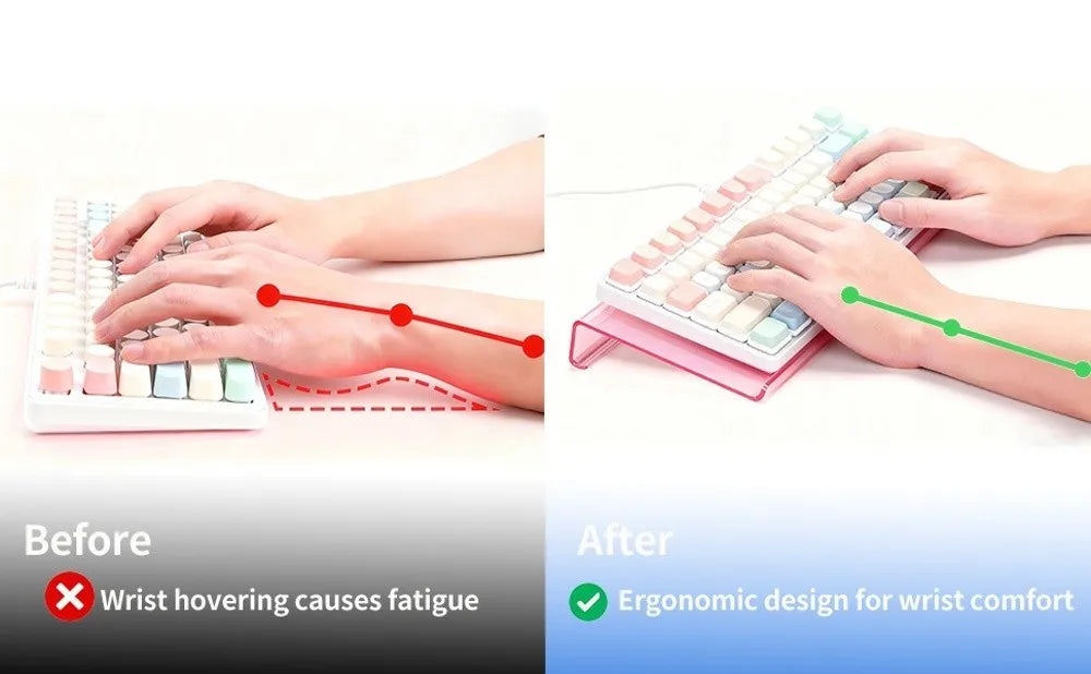 Before and after comparison showing the ergonomic design of an acrylic keyboard riser stand for wrist comfort