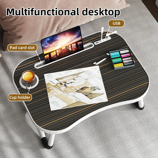 Multifunktionale Laptop-Desk-Organizer-Schale mit Kartenfächer, USB-Anschluss, Becherhalter und Stifthaltern aus Holz