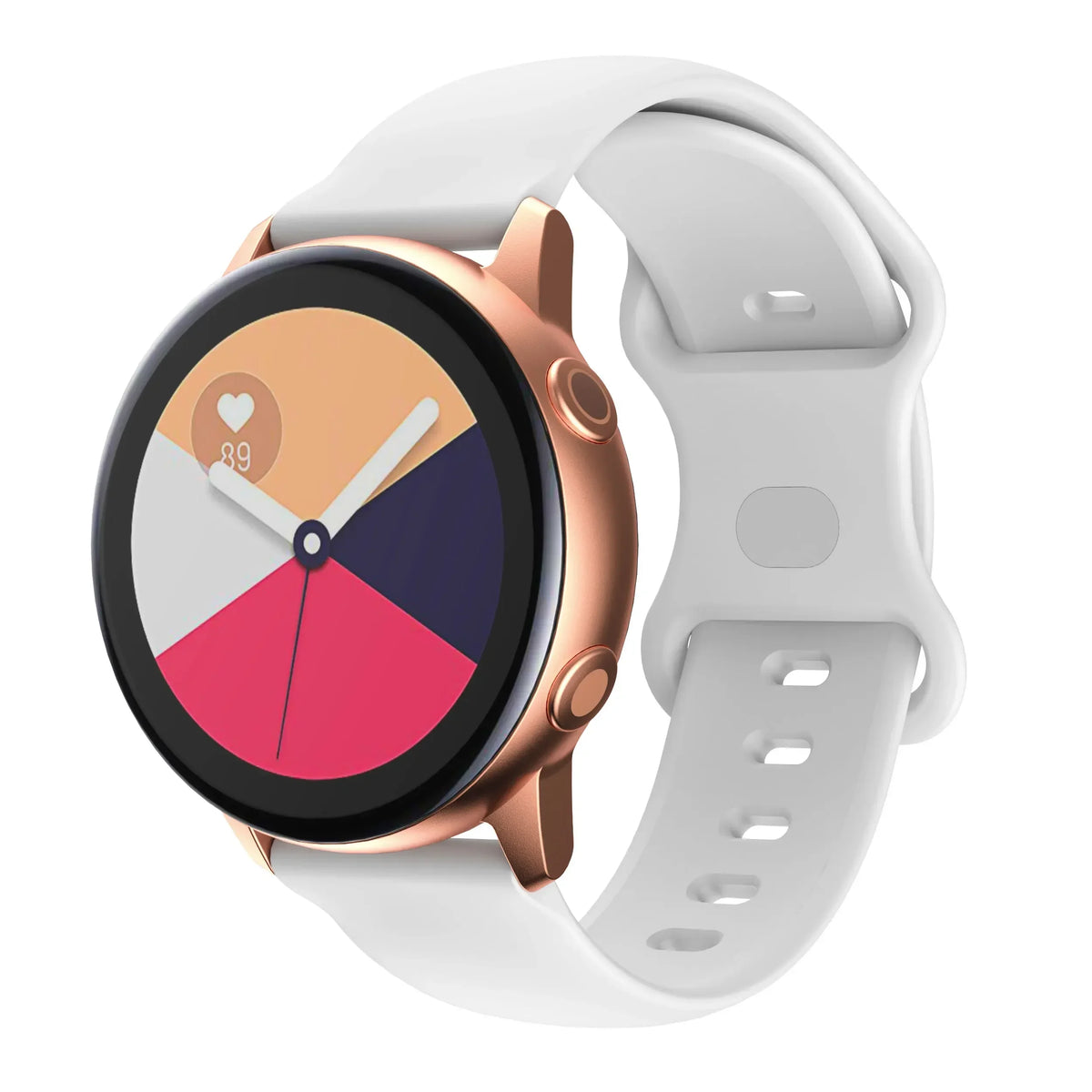 A close-up of a rose gold smartwatch with a white silicone band displaying a watch face.