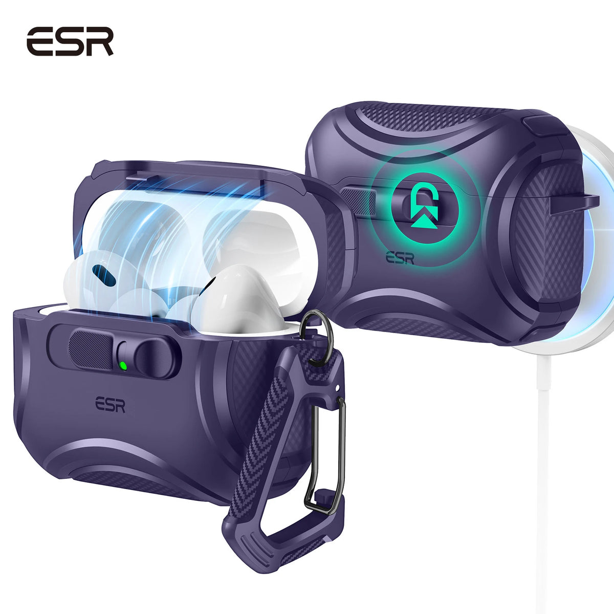 A purple Secure Magnetic AirPods case with a flicklock closure and clear viewing window.