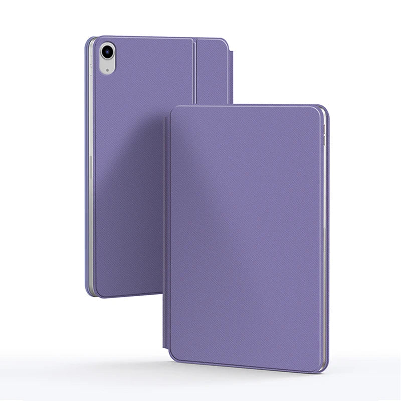 Clavier magnétique flottant violet pour iPad, vu en orientation verticale et horizontale.