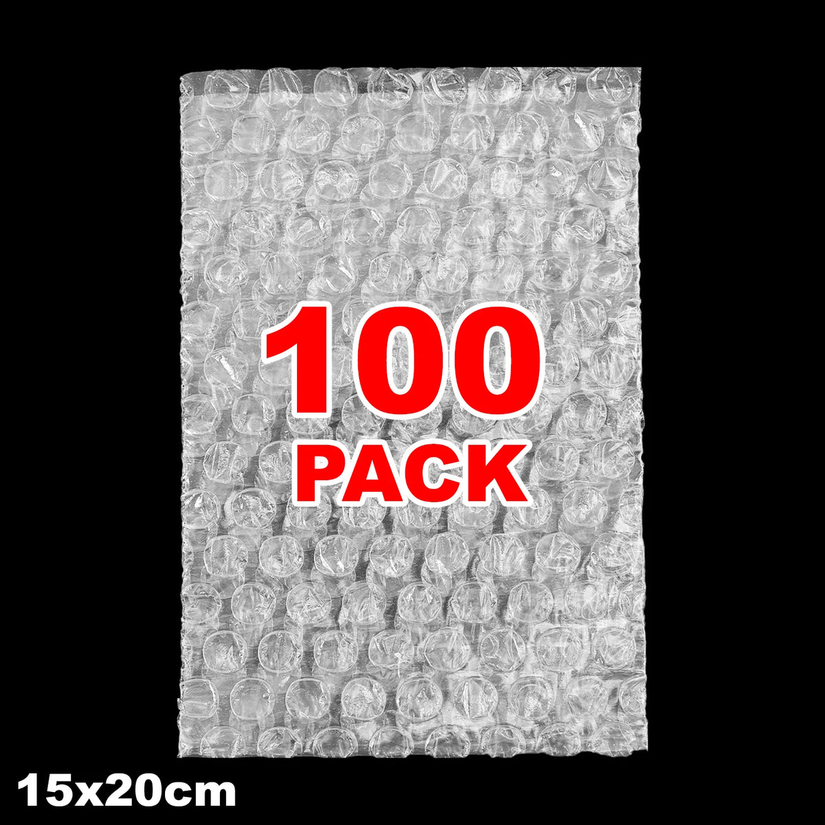 A sheet of 100 pack transparent bubble wrap padded shipping bags, measuring 15x20cm.