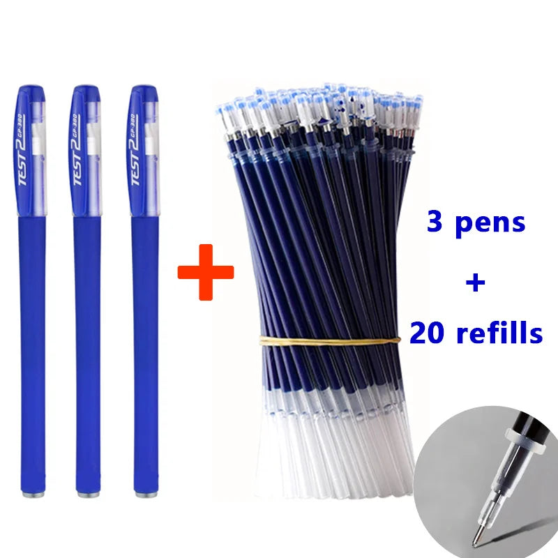 Un set de tres bolígrafos azules y veinte recargas para un producto de pluma gel multicolor.