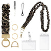 A stylish stretchy breakaway ID badge lanyard featuring a leopard print strap, gold hardware, and a retractable reel.