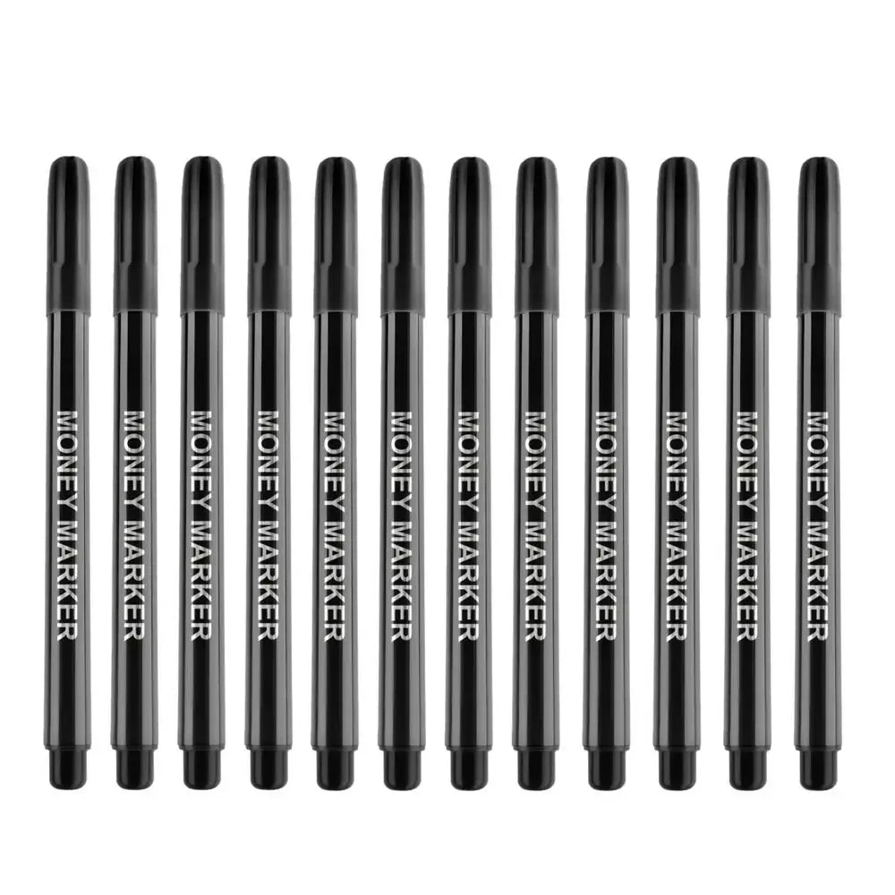A row of black counterfeit detection pens for currency verification.