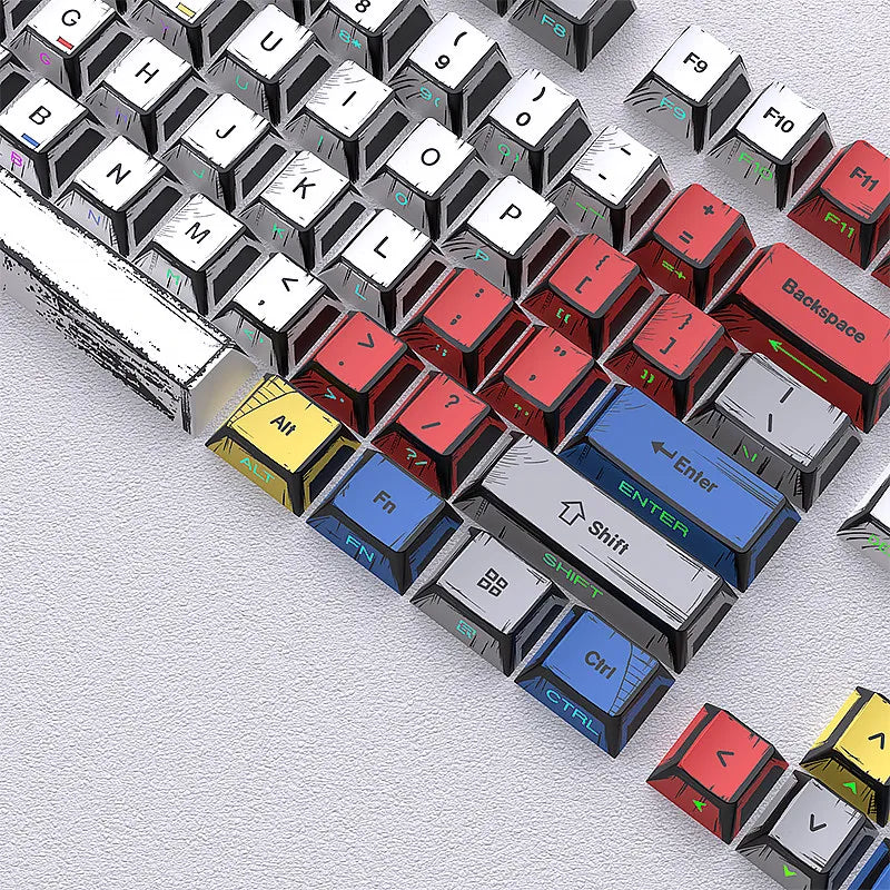 A close-up view of a set of translucent PBT keycaps with side printing in a cherry profile layout.