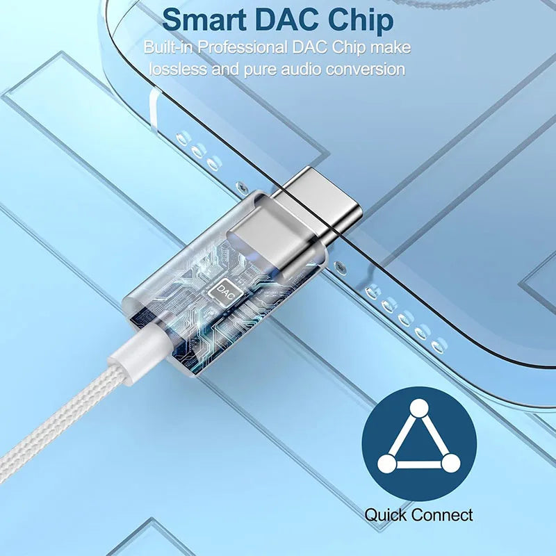 A close-up view of a wired Type-C earphone with a DAC chip connector, highlighting its lossless audio conversion feature.