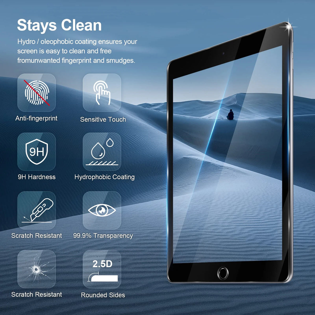 A close-up view of a tablet screen protector demonstrating features like anti-fingerprint, sensitive touch, 9H hardness, and 