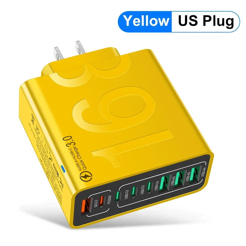 Yellow US plug wall adapter with multiple USB ports for fast charging