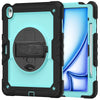 A heavy duty shockproof iPad case in light blue and black showing the interior with a screen protector and accessories.