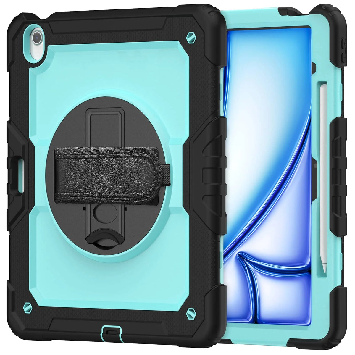 A heavy duty shockproof iPad case in light blue and black showing the interior with a screen protector and accessories.