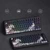 A close-up view of a mechanical keyboard featuring translucent Ukiyo-e style keycaps with a black frame and various keycap pr