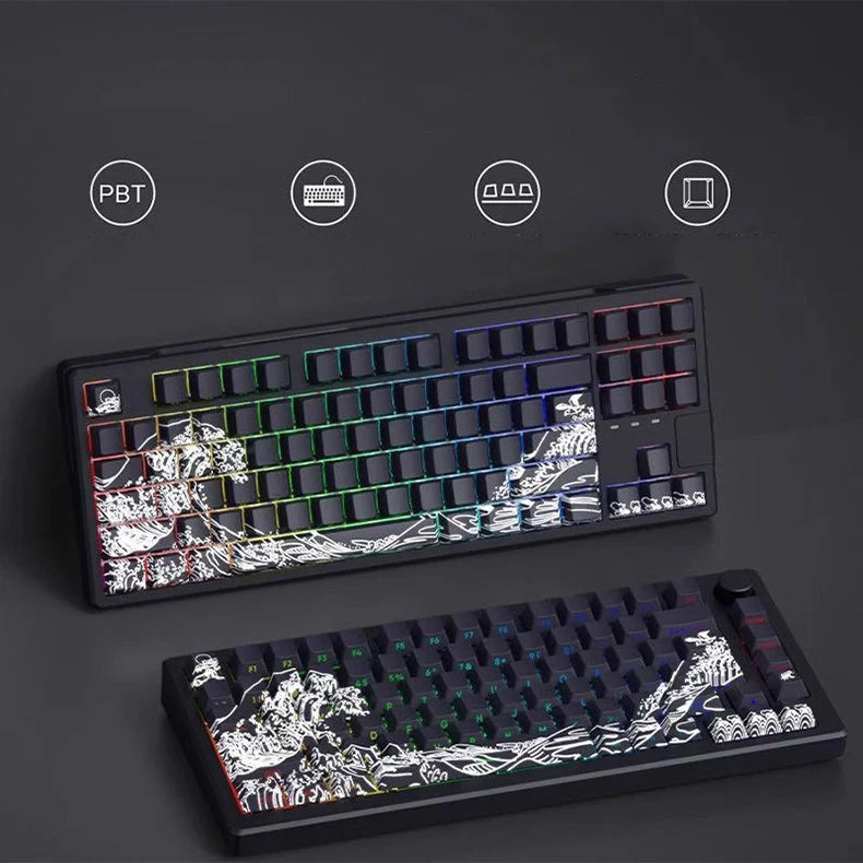 A close-up view of a mechanical keyboard featuring translucent Ukiyo-e style keycaps with a black frame and various keycap pr
