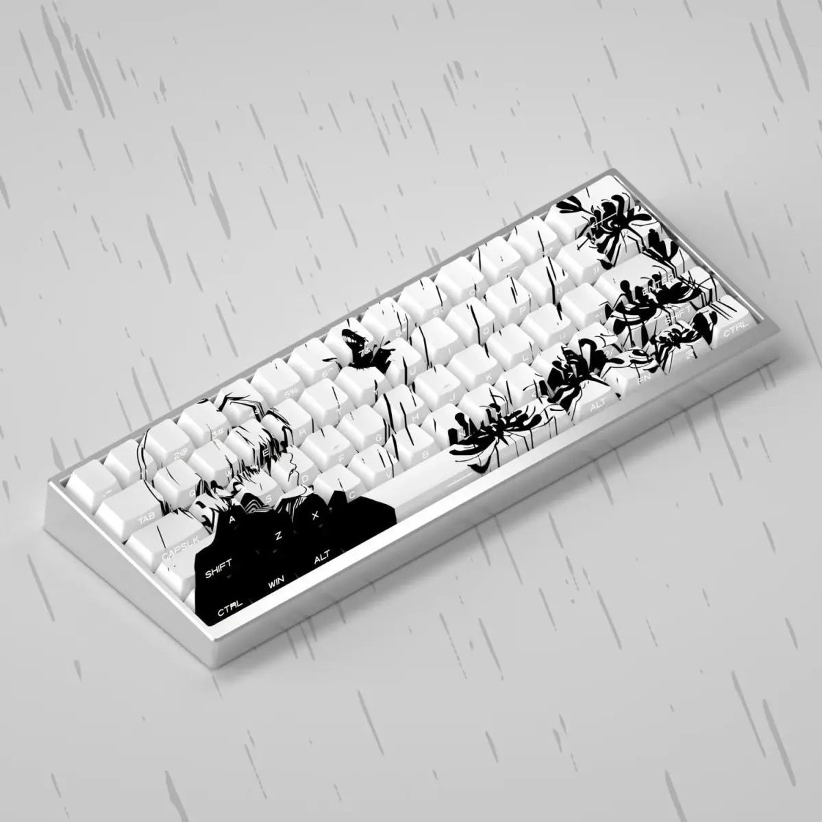 A close-up view of a custom PBT cherry profile keycap set featuring Kaneki Ken anime designs.