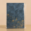 A dark blue luxury PU leather notebook set featuring gold foil illustrations of mountains, pagodas, and birds.