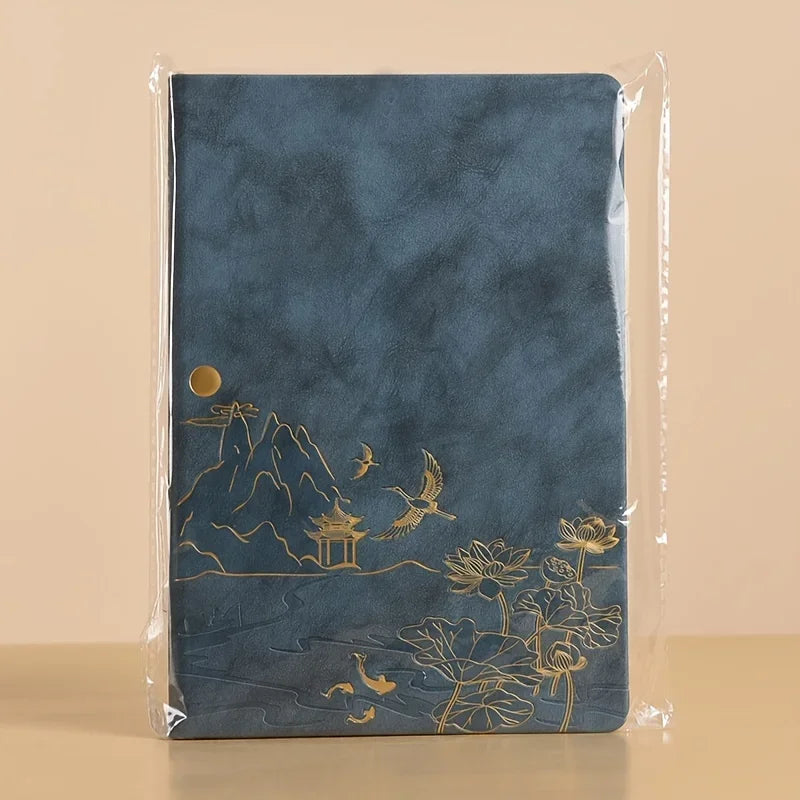 A dark blue luxury PU leather notebook set featuring gold foil illustrations of mountains, pagodas, and birds.