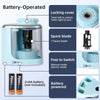 A battery-operated electric pencil sharpener in light blue, showing its components and operation instructions.