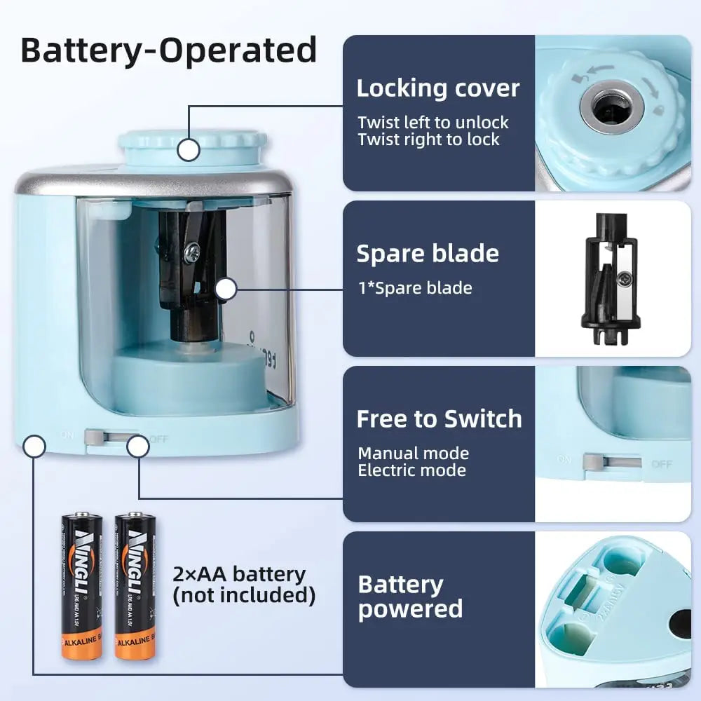A battery-operated electric pencil sharpener in light blue, showing its components and operation instructions.