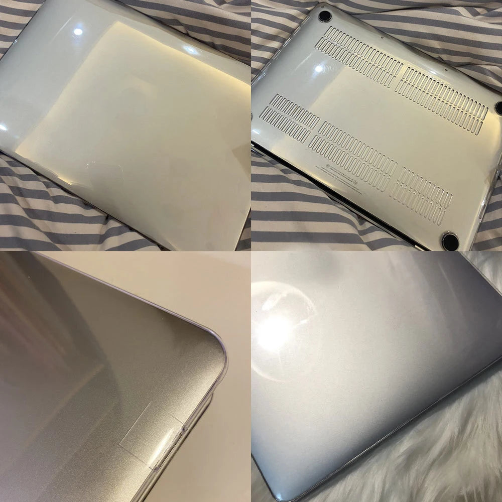 A white crystal clear hard shell case for a MacBook Air 13 inch M1 shown from multiple angles.