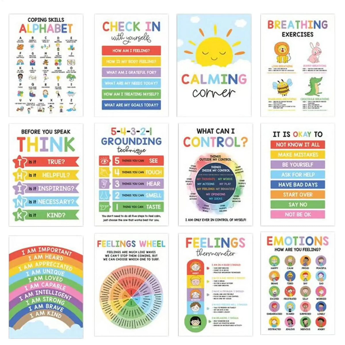 Collection de posters sur l'littératie émotionnelle, techniques de gestion et identification des sentiments pour le chi