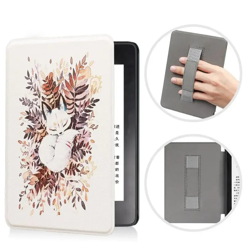 A light-colored protective case for a Kindle Paperwhite, shown with an illustration of foliage and a hand demonstrating its f