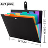 A black A4 7-grid expanding file folder with colorful plastic pockets for document organization
