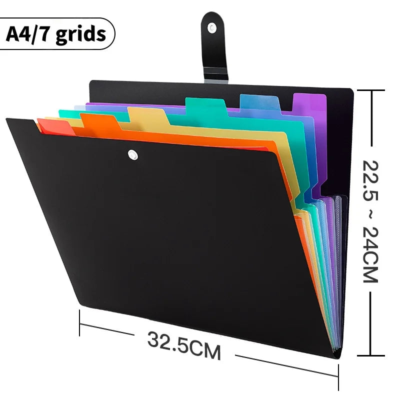 A black A4 7-grid expanding file folder with colorful plastic pockets for document organization
