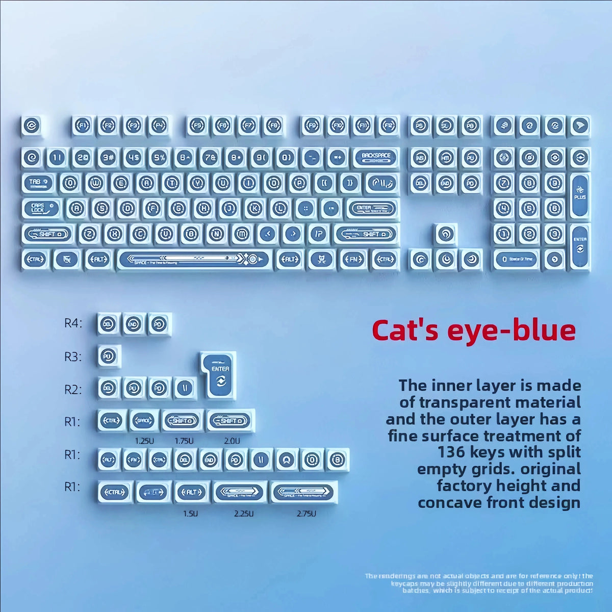 A set of 136 translucent keycaps with split empty grids featuring a cat's eye-blue theme.