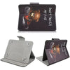 A black leather folio case featuring a monkey design, used as a universal tablet case.