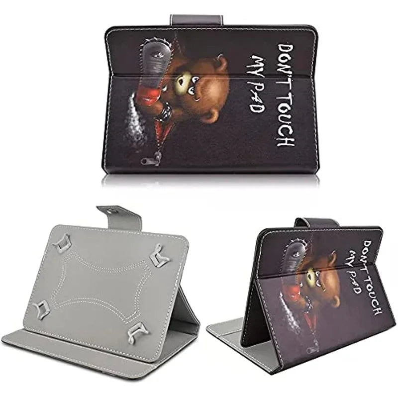 A black leather folio case featuring a monkey design, used as a universal tablet case.