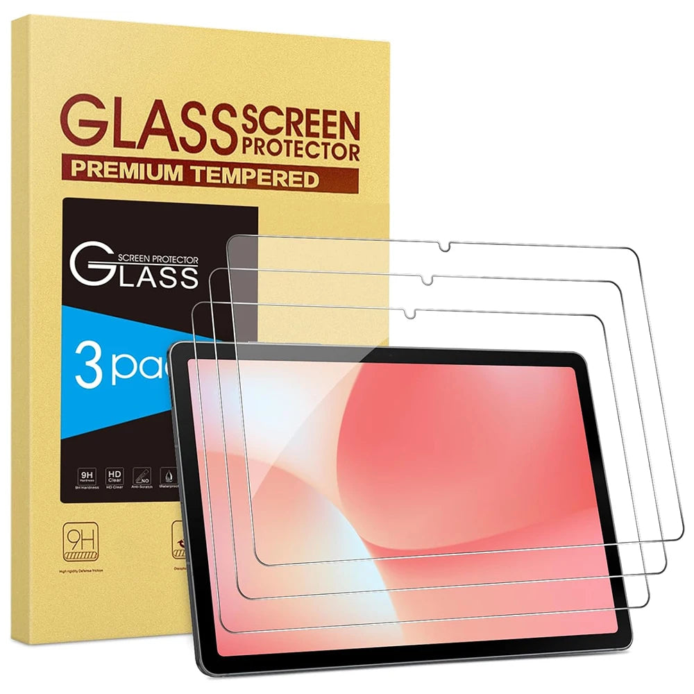 A box of GlassScreen Protector Premium Tempered screen protectors and a tablet with the protectors installed.