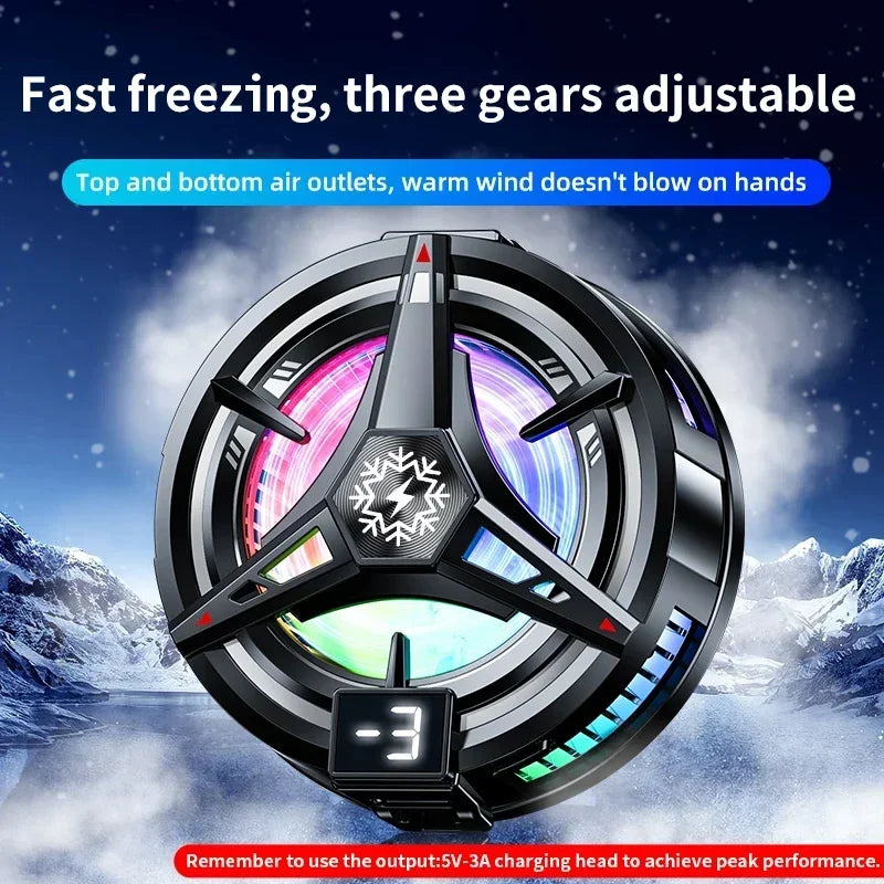 A black magnetic phone cooler with an adjustable cooling mode and RGB lighting is shown against a snowy background.