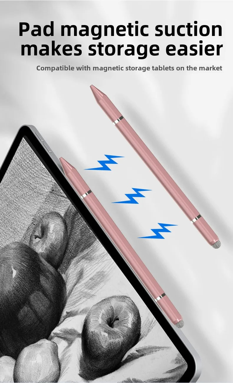 Un bolígrafo stylus magnético rosa junto a una tableta que muestra un dibujo de fruta.
