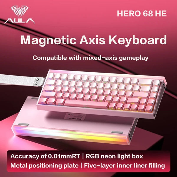 A close-up of the AULA HERO 68 HE magnetic axis mechanical keyboard with pink and silver accents.