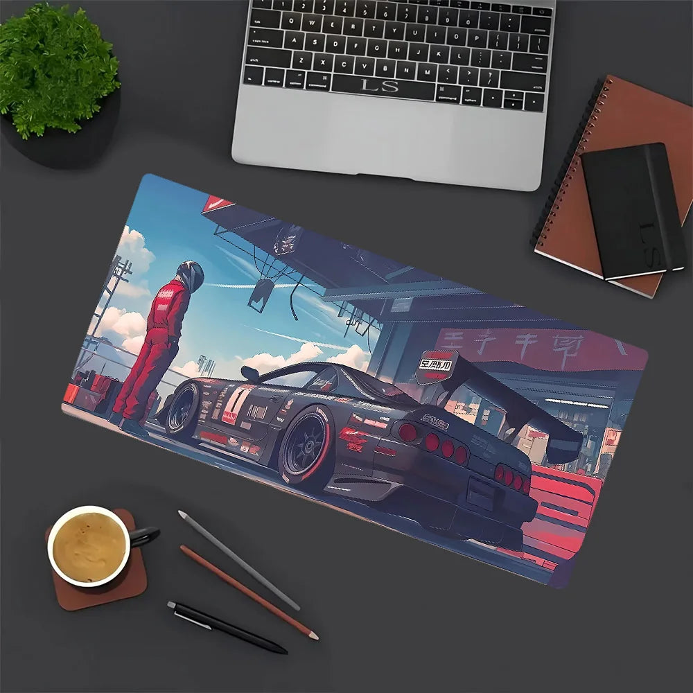 A large gaming mouse pad featuring a dramatic JDM car design with a red sports car and cityscape.