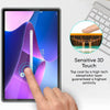 A hand touches a tablet screen featuring a sensitive 3D touch display and a magnified view of the glass coating.