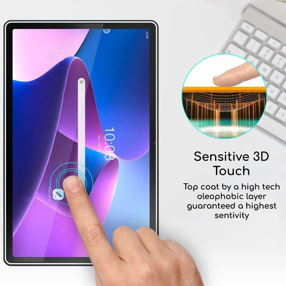 A hand touches a tablet screen featuring a sensitive 3D touch display and a magnified view of the glass coating.