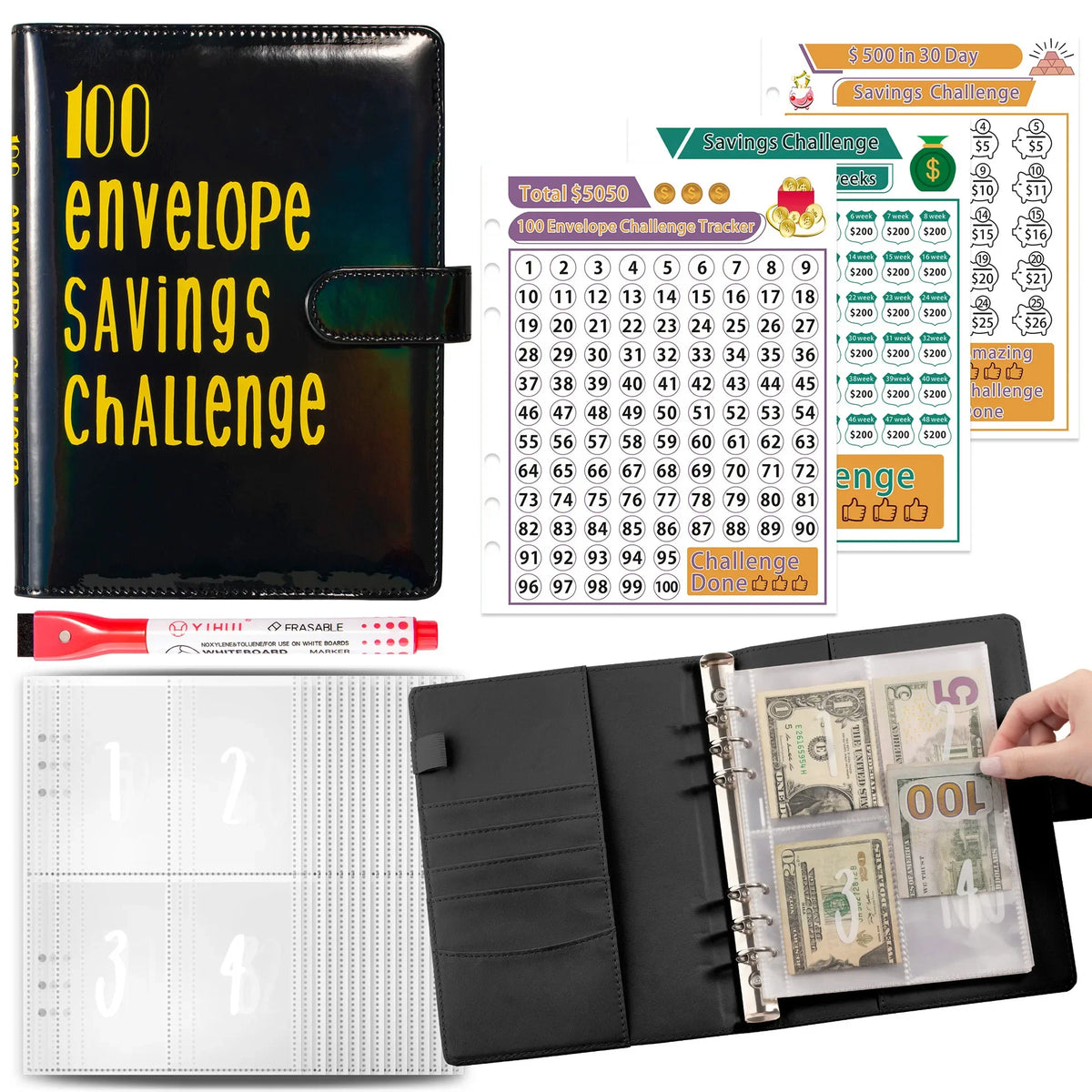 Schwarze Umschlag-Spar-Challenge-Tracker mit Lederhülle und Bargeldumschlägen.