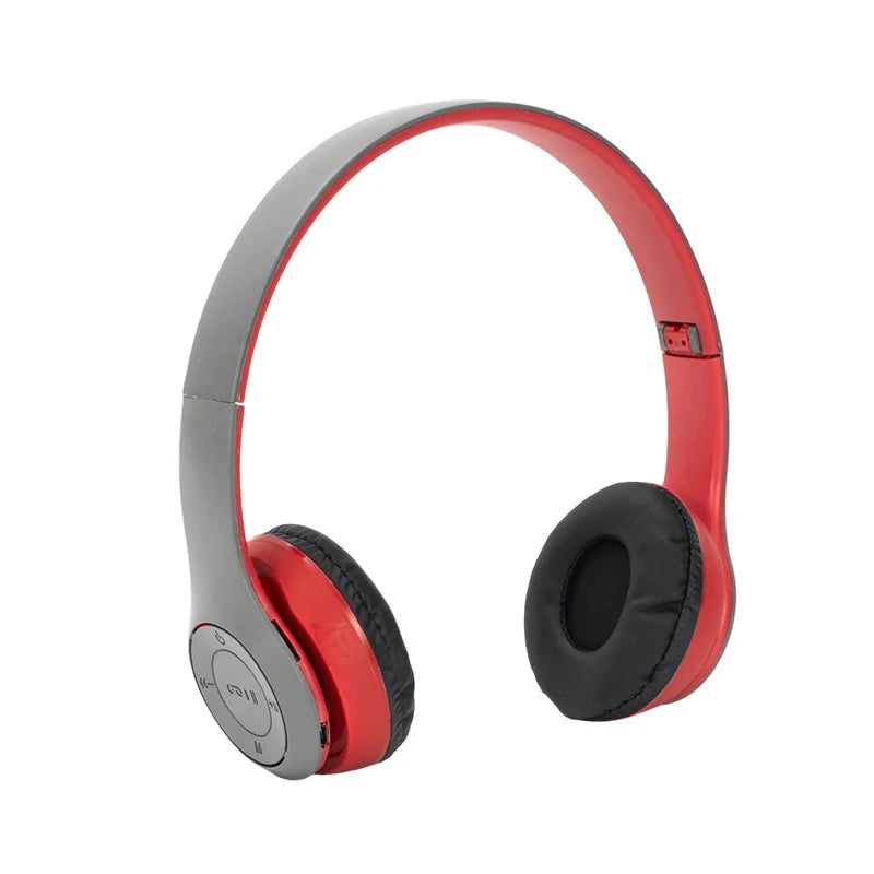Red and gray wireless over-ear headphones with padded earcups