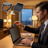 A man is using a privacy lens cover for a Logitech webcam on a laptop, with diagrams showing the product's placement.